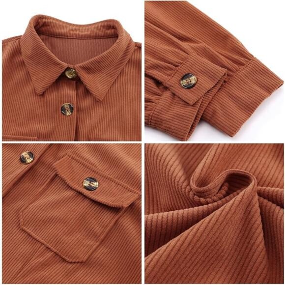 Women's Corduroy Long Sleeve Button-Down Tunic Dress with Pockets - Picture 5 of 7